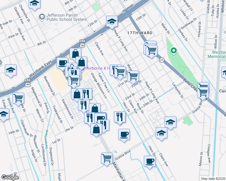 map of restaurants, bars, coffee shops, grocery stores, and more near 1141 Tallow Tree Lane in Harvey