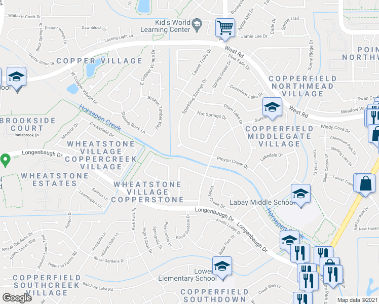map of restaurants, bars, coffee shops, grocery stores, and more near 16034 Sweetwater Creek Drive in Houston