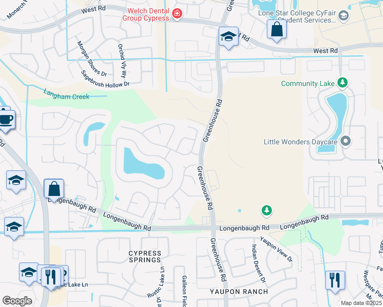 map of restaurants, bars, coffee shops, grocery stores, and more near 8447 Roland Canyon Drive in Cypress