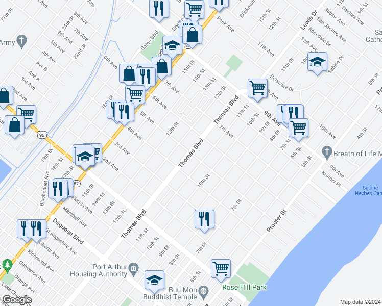 map of restaurants, bars, coffee shops, grocery stores, and more near 1198 5th Avenue in Port Arthur
