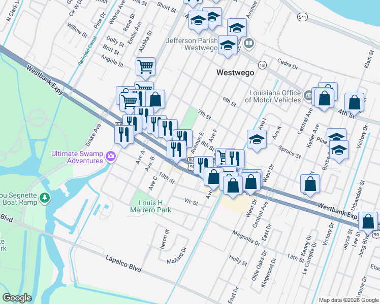 map of restaurants, bars, coffee shops, grocery stores, and more near 637 Westbank Expressway in Westwego