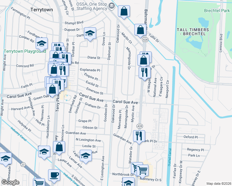 map of restaurants, bars, coffee shops, grocery stores, and more near 2201 Carol Sue Avenue in Terrytown