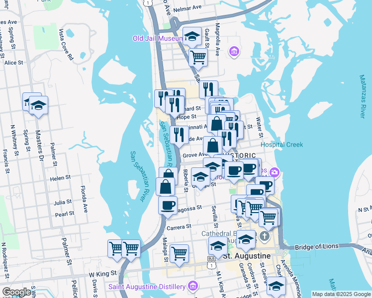 map of restaurants, bars, coffee shops, grocery stores, and more near 1 Riberia Street in St. Augustine