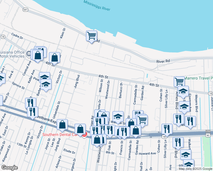 map of restaurants, bars, coffee shops, grocery stores, and more near 446 Westwood Drive in Marrero