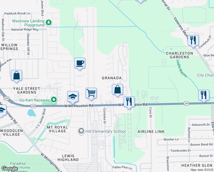 map of restaurants, bars, coffee shops, grocery stores, and more near 2518 Almenar Circle in Houston