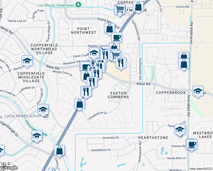 map of restaurants, bars, coffee shops, grocery stores, and more near 15125 West Road in Houston