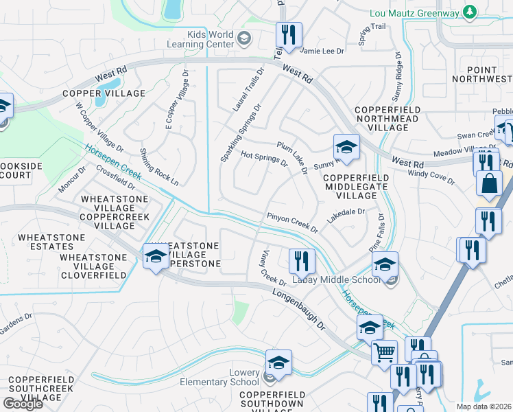 map of restaurants, bars, coffee shops, grocery stores, and more near 16003 Pinyon Creek Drive in Houston
