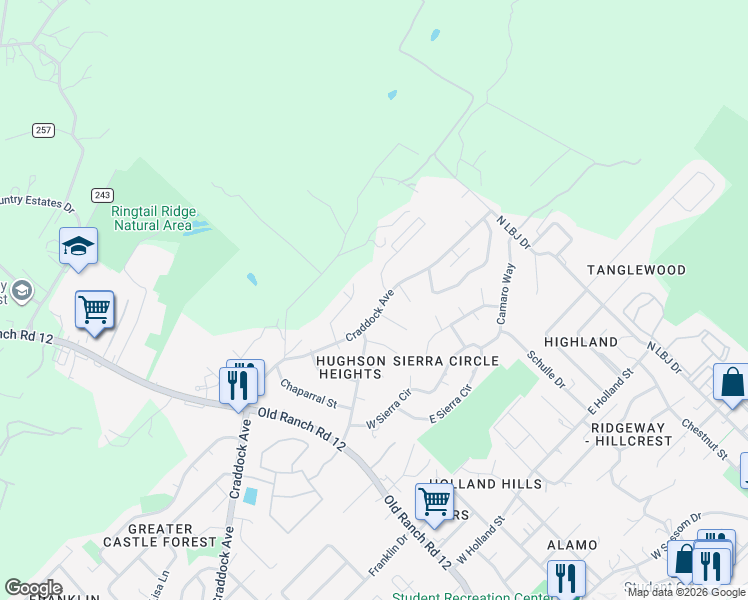 map of restaurants, bars, coffee shops, grocery stores, and more near 39 Craddock Avenue in San Marcos