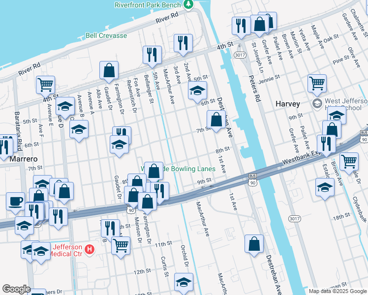map of restaurants, bars, coffee shops, grocery stores, and more near 716 Mac Arthur Avenue in Harvey