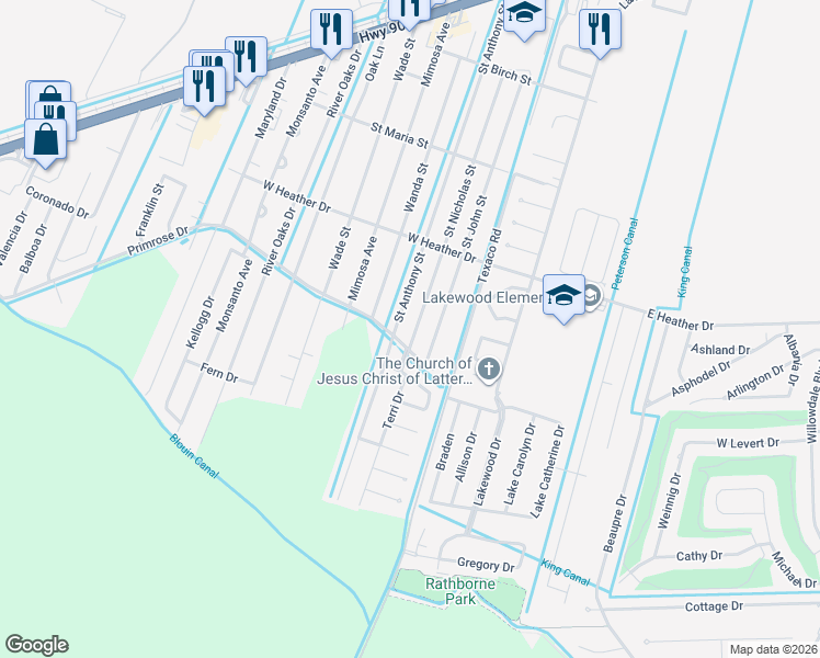 map of restaurants, bars, coffee shops, grocery stores, and more near 325 Saint Anthony Street in Luling