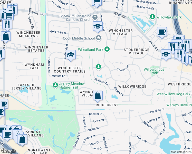 map of restaurants, bars, coffee shops, grocery stores, and more near 8826 Ballinger Drive in Houston