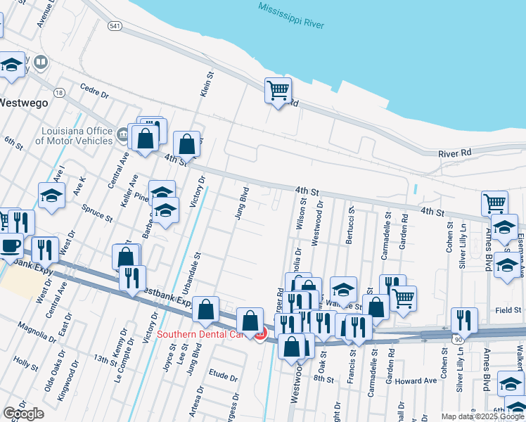 map of restaurants, bars, coffee shops, grocery stores, and more near 7414 Claremont Drive in Marrero