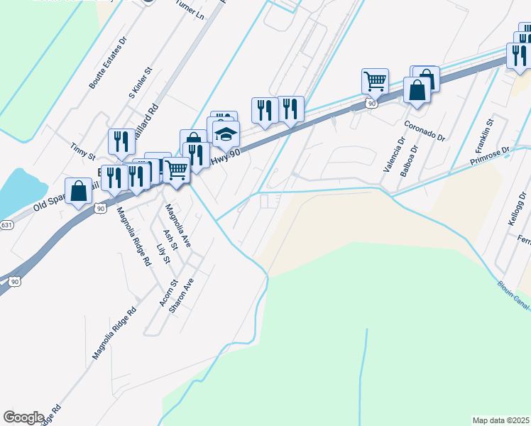 map of restaurants, bars, coffee shops, grocery stores, and more near 114 Faith Place in Boutte
