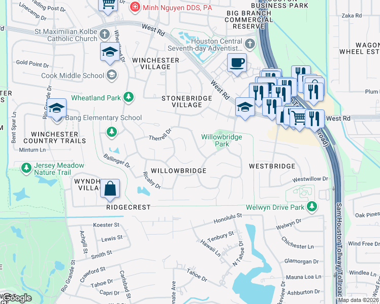 map of restaurants, bars, coffee shops, grocery stores, and more near 9615 Therrell Drive in Houston