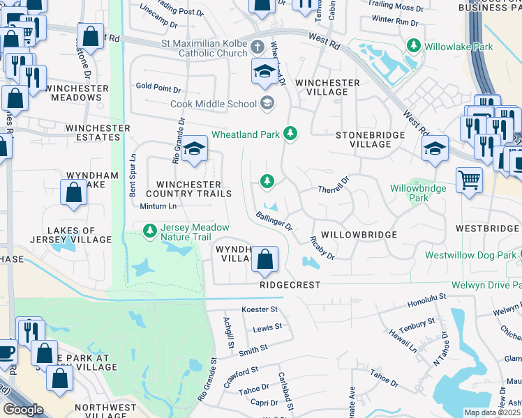 map of restaurants, bars, coffee shops, grocery stores, and more near 8826 Ballinger Drive in Houston