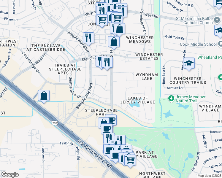 map of restaurants, bars, coffee shops, grocery stores, and more near 8714 Jones Road in Houston
