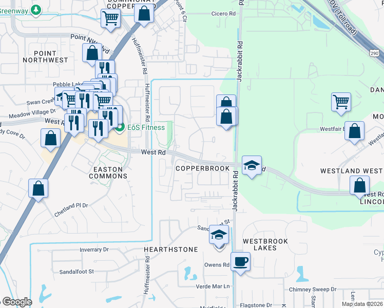 map of restaurants, bars, coffee shops, grocery stores, and more near 8511 Majesticbrook Drive in Houston