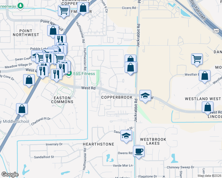 map of restaurants, bars, coffee shops, grocery stores, and more near 8511 Majesticbrook Drive in Houston