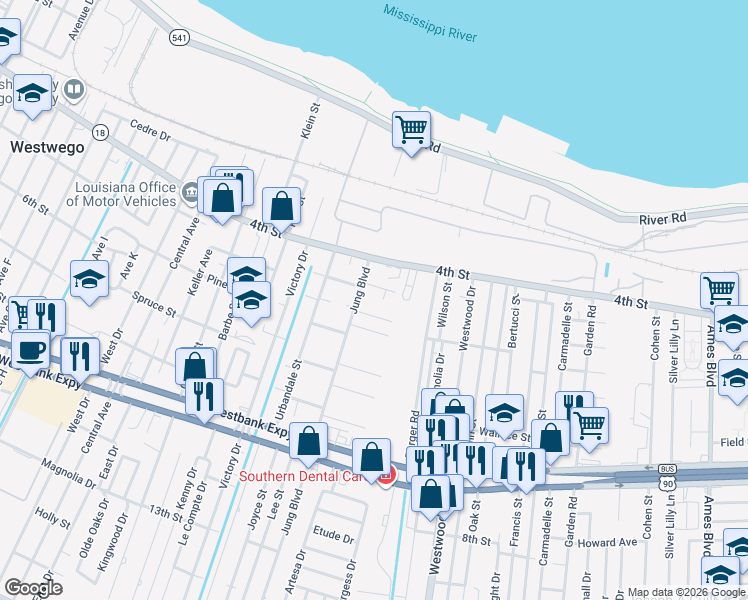 map of restaurants, bars, coffee shops, grocery stores, and more near 418 Jung Boulevard in Marrero