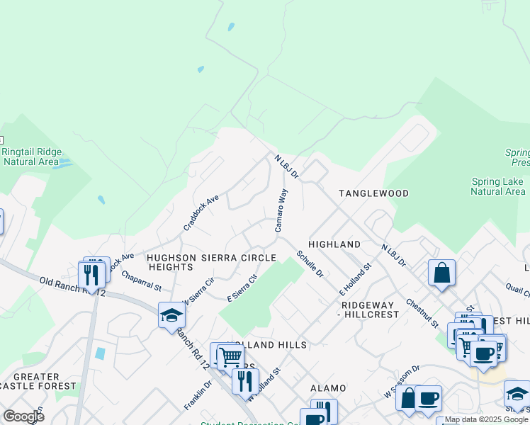 map of restaurants, bars, coffee shops, grocery stores, and more near 107 Juniper Court in San Marcos