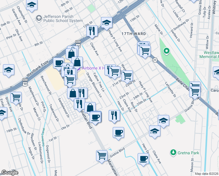 map of restaurants, bars, coffee shops, grocery stores, and more near 1209 21st Street in Gretna