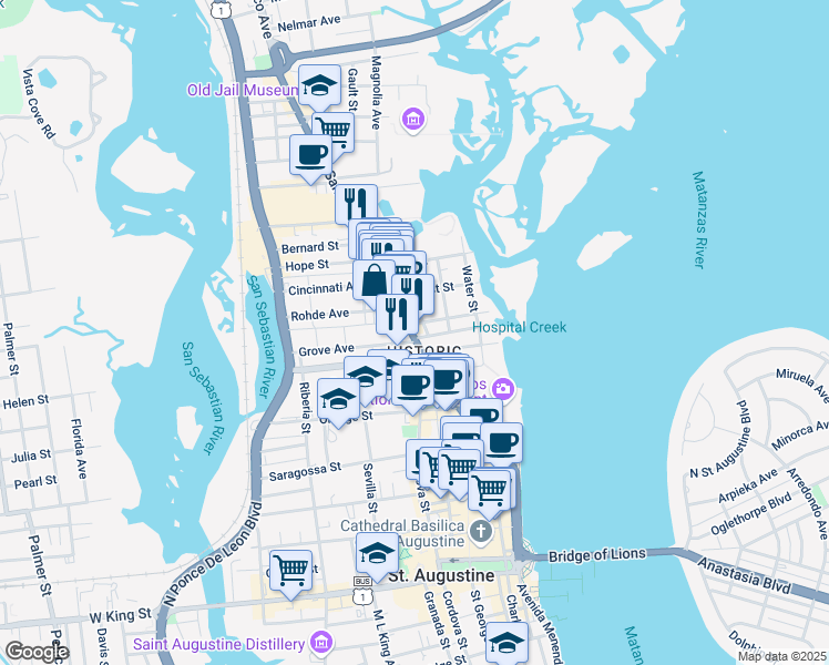 map of restaurants, bars, coffee shops, grocery stores, and more near 43 San Marco Avenue in St. Augustine
