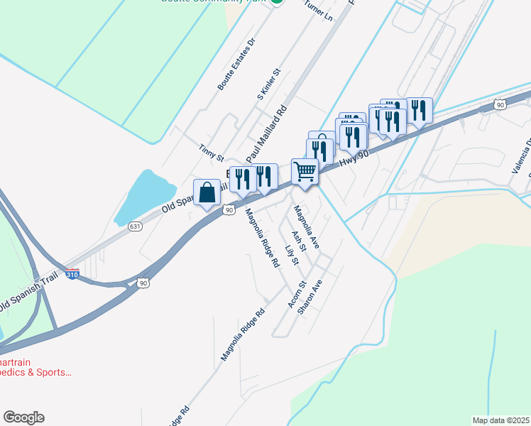 map of restaurants, bars, coffee shops, grocery stores, and more near 13491 U.S. 90 in Boutte