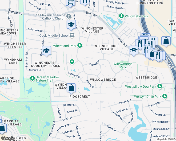 map of restaurants, bars, coffee shops, grocery stores, and more near 8714 Wheatland Drive in Houston