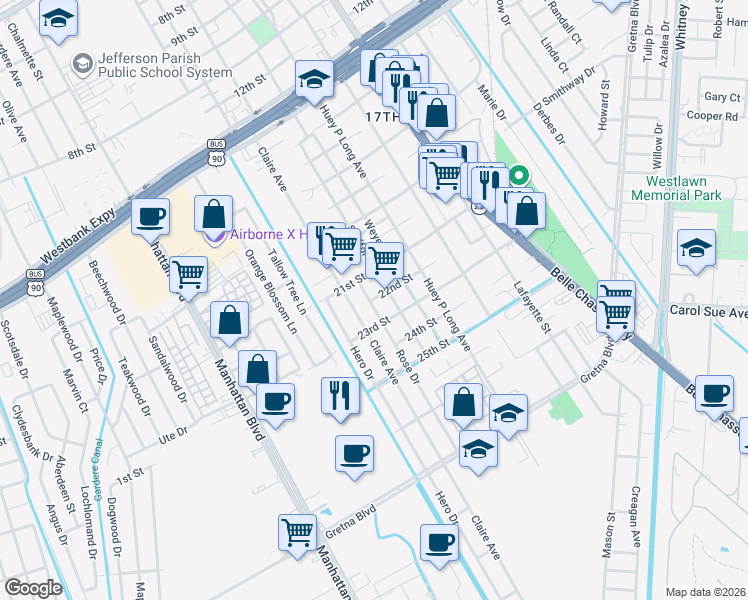 map of restaurants, bars, coffee shops, grocery stores, and more near 2127 Stafford Street in Gretna