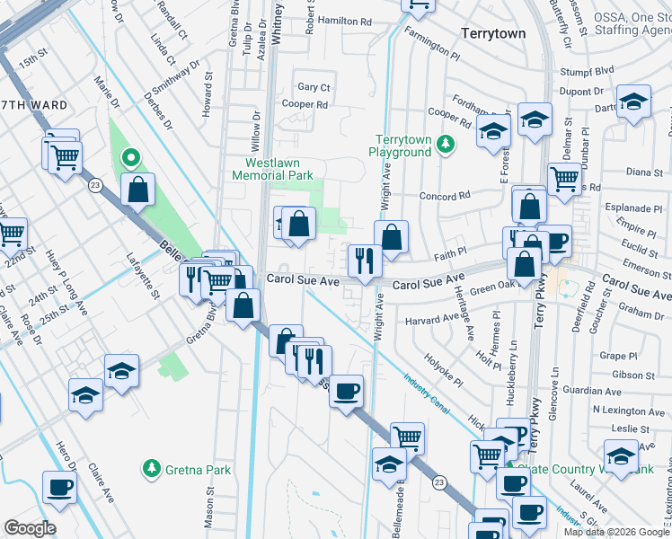 map of restaurants, bars, coffee shops, grocery stores, and more near 1615 Carol Sue Avenue in Terrytown