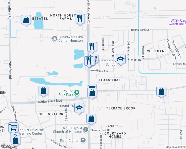 map of restaurants, bars, coffee shops, grocery stores, and more near 8511 Westbank Avenue in Houston