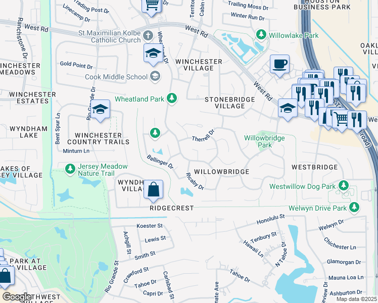 map of restaurants, bars, coffee shops, grocery stores, and more near 8714 Wheatland Drive in Houston