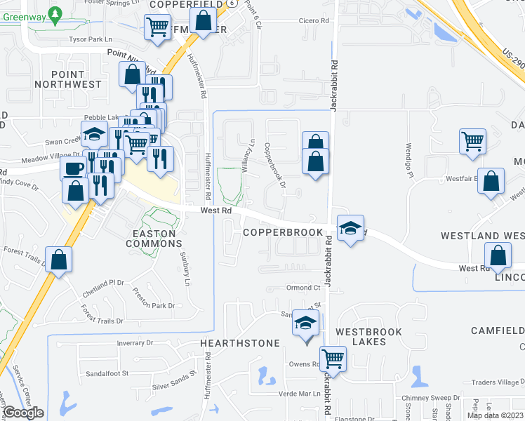 map of restaurants, bars, coffee shops, grocery stores, and more near 14723 Shorebrook Drive in Houston