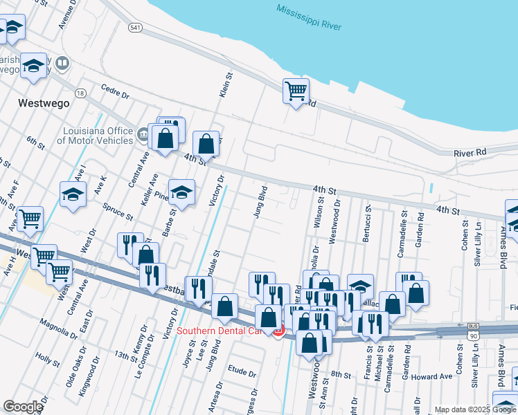 map of restaurants, bars, coffee shops, grocery stores, and more near 547 Jung Boulevard in Marrero