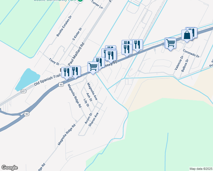 map of restaurants, bars, coffee shops, grocery stores, and more near 162 Myrtle Street in Boutte