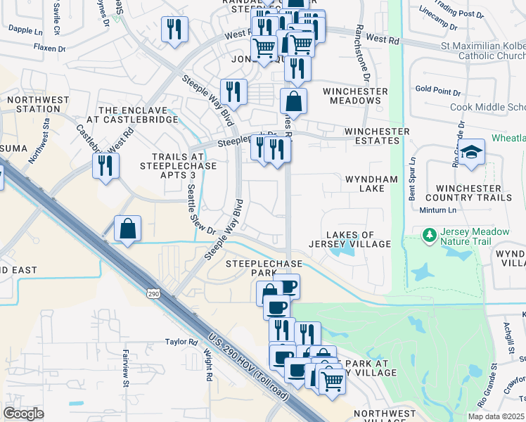 map of restaurants, bars, coffee shops, grocery stores, and more near 8655 Jones Road in Houston