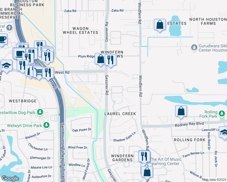 map of restaurants, bars, coffee shops, grocery stores, and more near 9431 Creek Vine Drive in Houston