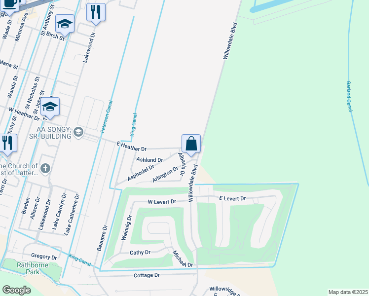 map of restaurants, bars, coffee shops, grocery stores, and more near 145 Heather Court in Luling