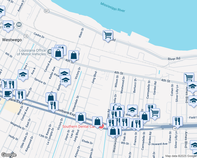 map of restaurants, bars, coffee shops, grocery stores, and more near 7414 Claremont Drive in Marrero