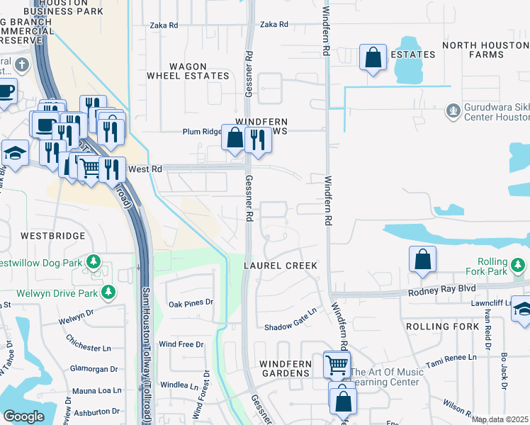 map of restaurants, bars, coffee shops, grocery stores, and more near 9431 Creek Vine Drive in Houston
