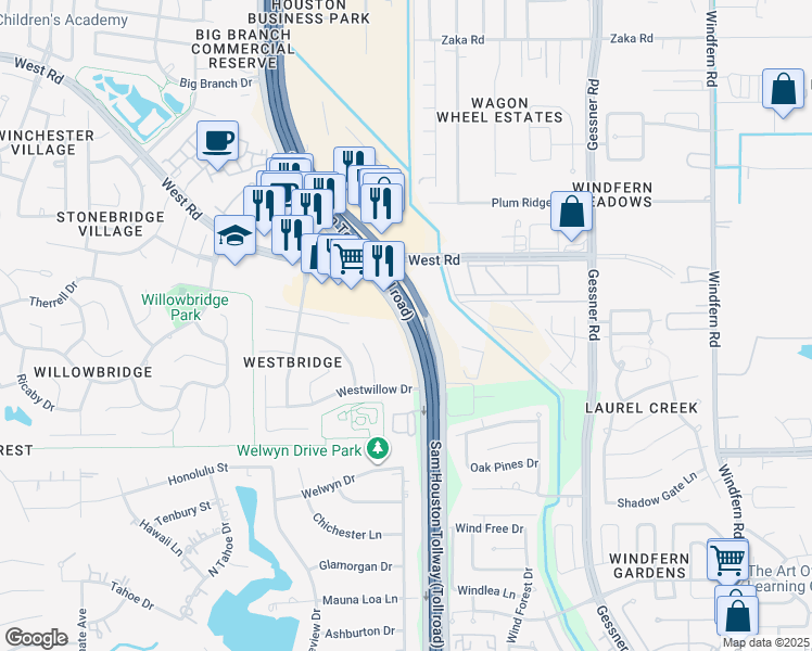 map of restaurants, bars, coffee shops, grocery stores, and more near 8565 West Sam Houston Parkway North in Houston