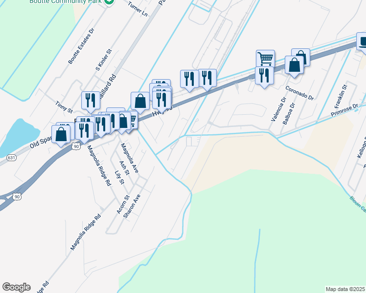 map of restaurants, bars, coffee shops, grocery stores, and more near 114 Woodland Drive in Boutte