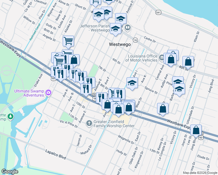 map of restaurants, bars, coffee shops, grocery stores, and more near 855 Avenue F in Westwego