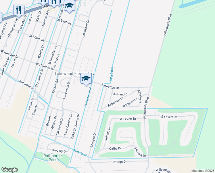 map of restaurants, bars, coffee shops, grocery stores, and more near 501 East Heather Drive in Luling