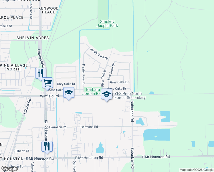map of restaurants, bars, coffee shops, grocery stores, and more near 12214 River Trail Drive in Houston