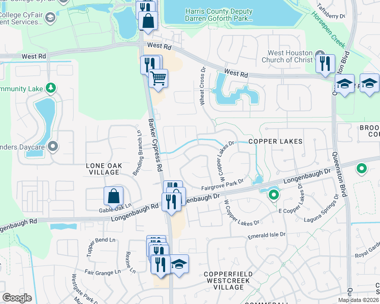 map of restaurants, bars, coffee shops, grocery stores, and more near 17619 Cypress Laurel Street in Houston