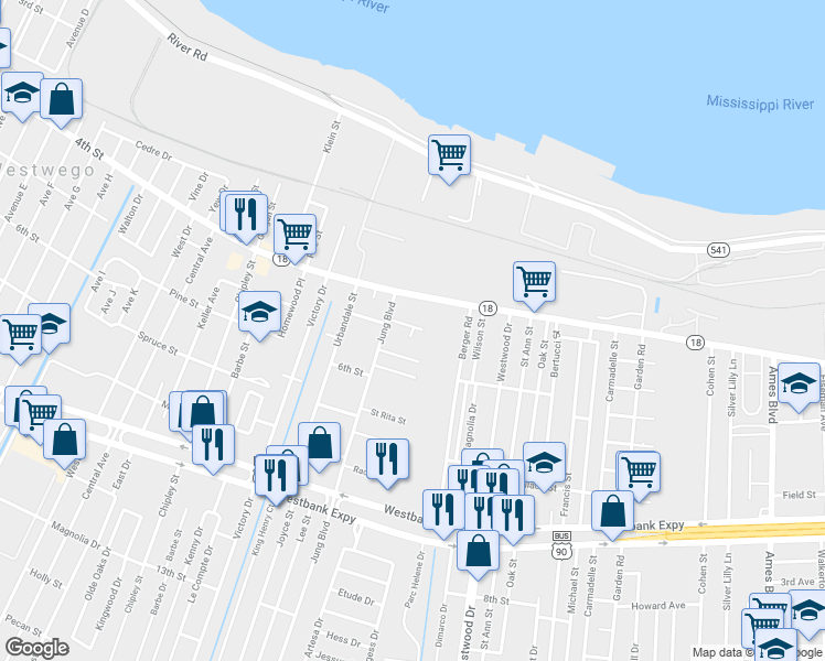map of restaurants, bars, coffee shops, grocery stores, and more near 7431 Claremont Drive in Marrero