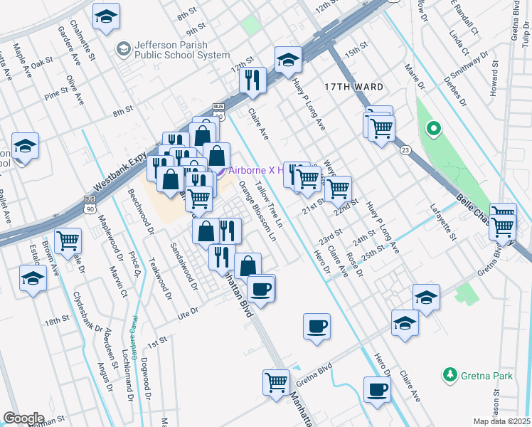 map of restaurants, bars, coffee shops, grocery stores, and more near 1100 Tallow Tree Lane in Harvey