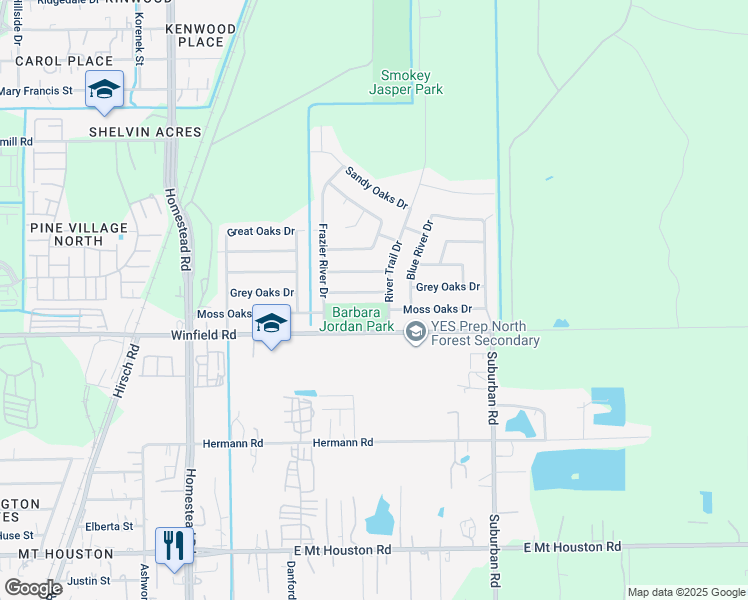 map of restaurants, bars, coffee shops, grocery stores, and more near 6511 Grey Oaks Drive in Houston