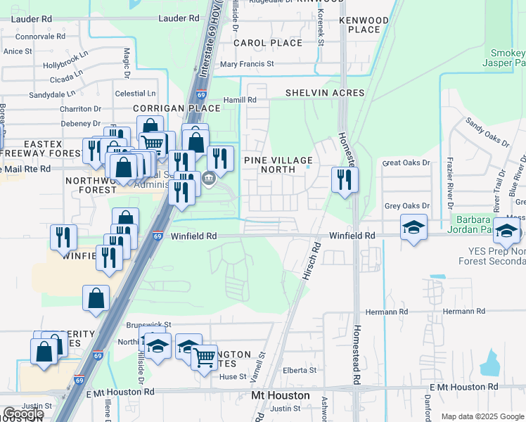 map of restaurants, bars, coffee shops, grocery stores, and more near 5606 Easthampton Drive in Houston